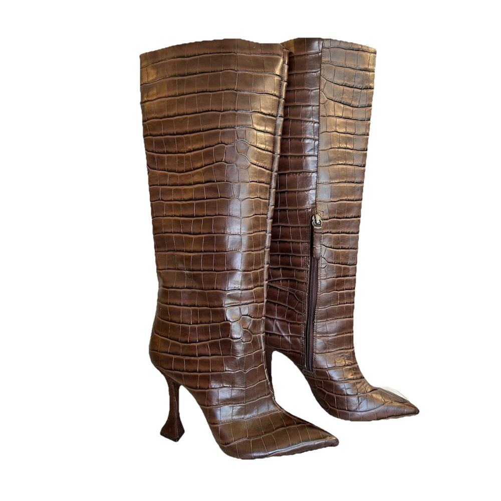 Aqua Womens Brown High Boots Croc pointy toe Sz 8B Couro Marrom EUC Brazil